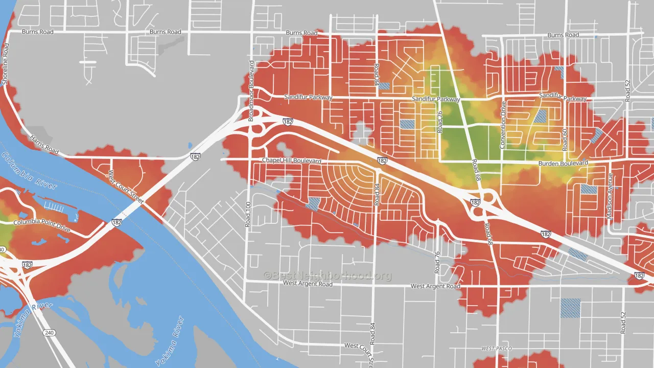 Walk Grade map of Lovisa Farms, Pasco, WA, walkable areas in green and car-dependent areas in red