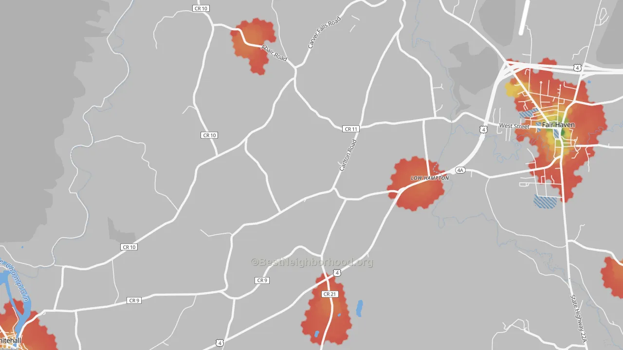 Walk Grade map of Low Hampton, NY, walkable areas in green and car-dependent areas in red