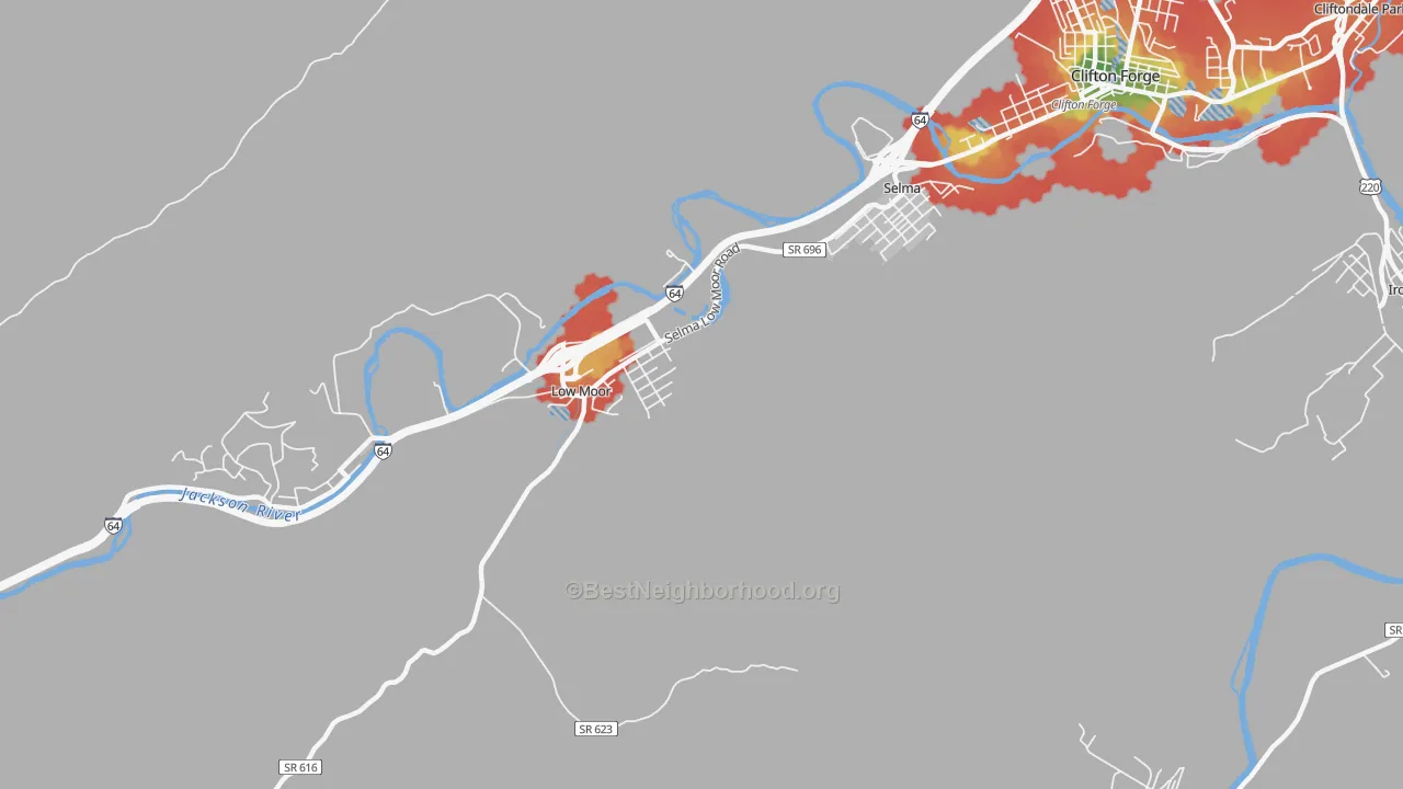 Walk Grade map of Low Moor, VA, walkable areas in green and car-dependent areas in red