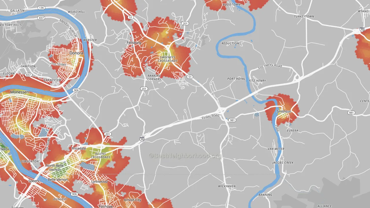 Walk Grade map of Lowber, PA, walkable areas in green and car-dependent areas in red