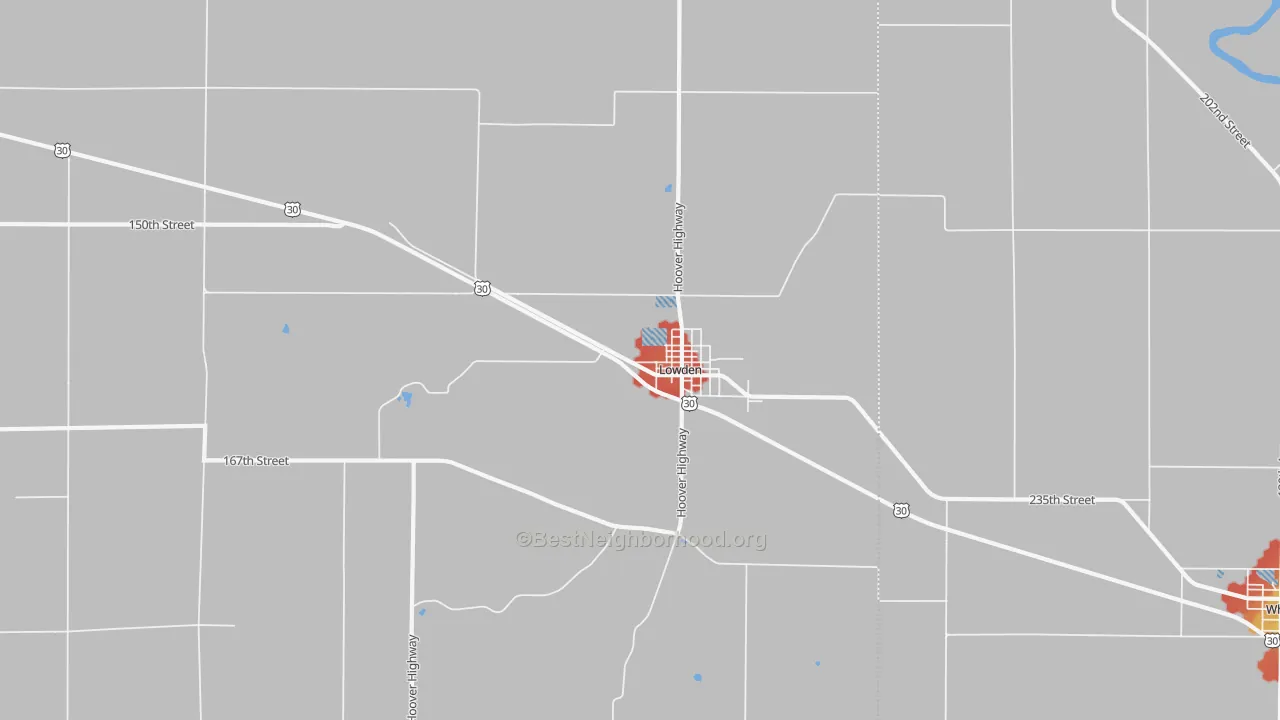 Walk Grade map of Lowden, IA, walkable areas in green and car-dependent areas in red