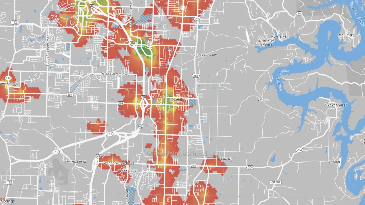Walk Grade map of Lowell, AR, walkable areas in green and car-dependent areas in red