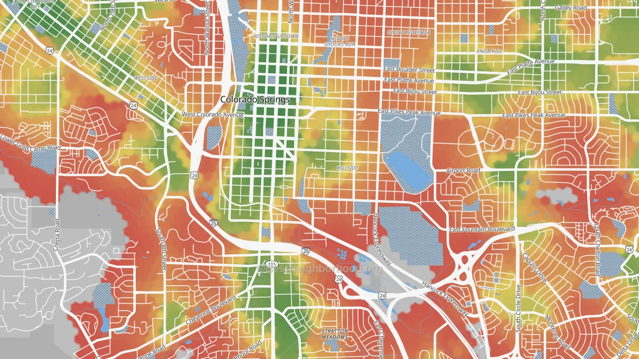 Walk Grade map of Lowell, Colorado Springs, CO, walkable areas in green and car-dependent areas in red