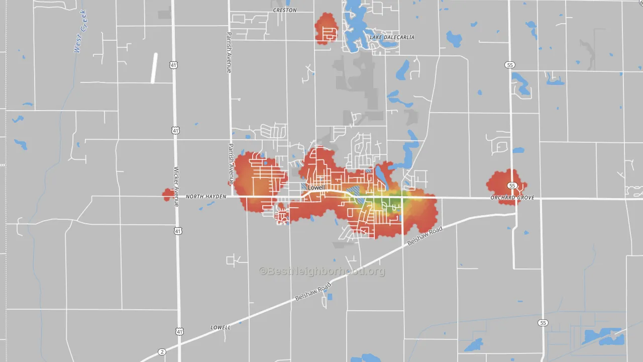 Walk Grade map of Lowell, IN, walkable areas in green and car-dependent areas in red
