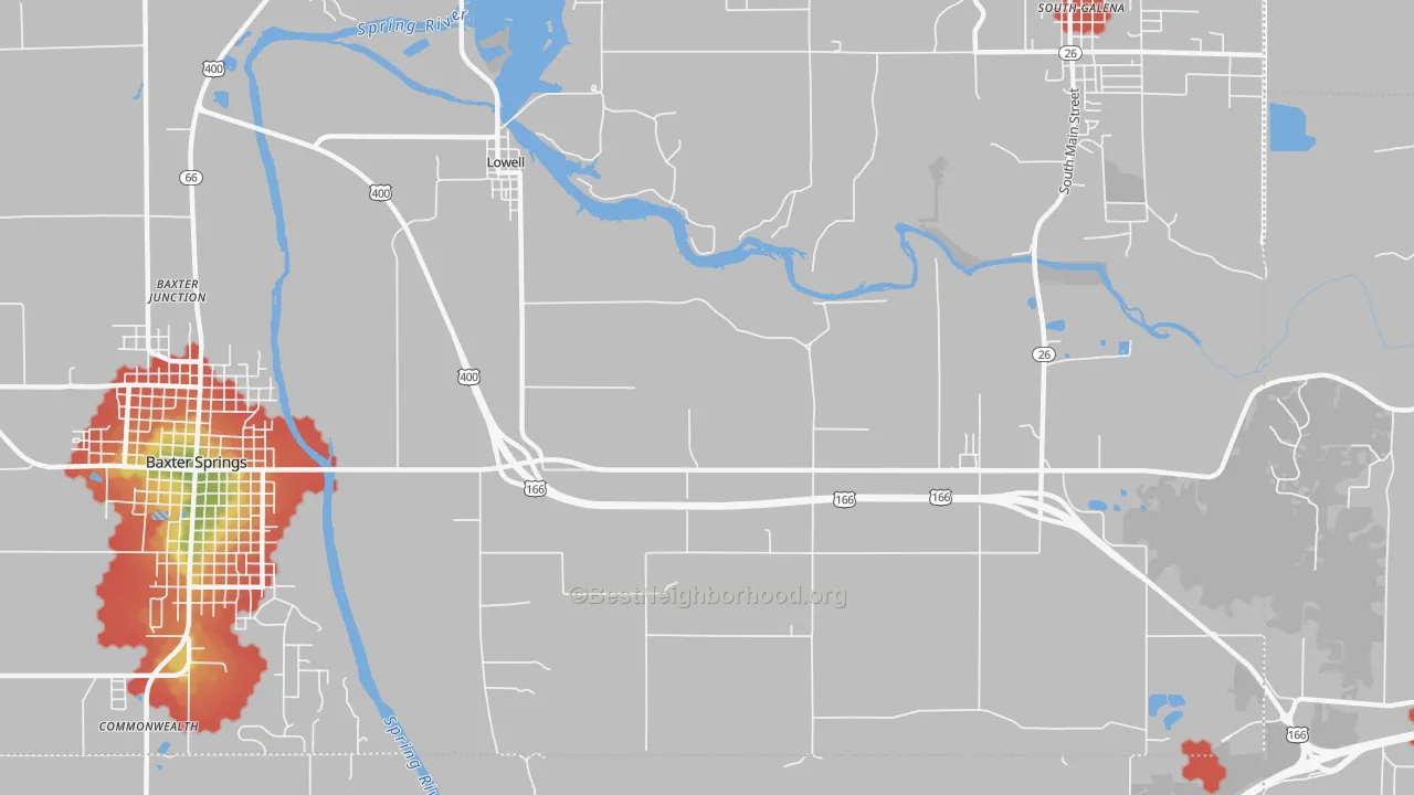 Walk Grade map of Lowell, KS, walkable areas in green and car-dependent areas in red