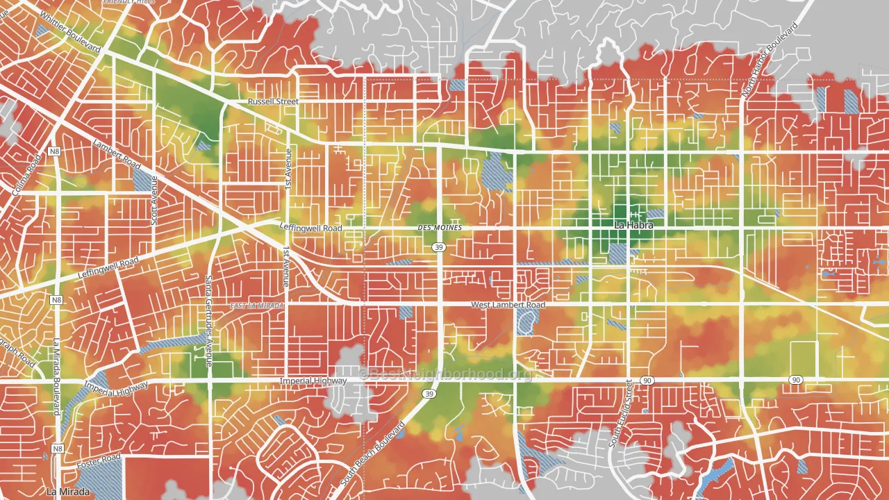 Walk Grade map of Lowell, La Habra, CA, walkable areas in green and car-dependent areas in red
