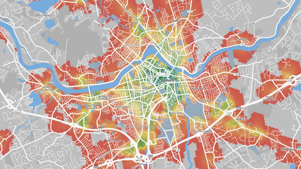 Walk Grade map of Lowell, MA, walkable areas in green and car-dependent areas in red