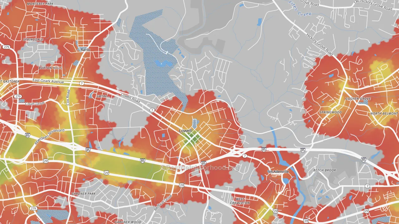 Walk Grade map of Lowell, NC, walkable areas in green and car-dependent areas in red