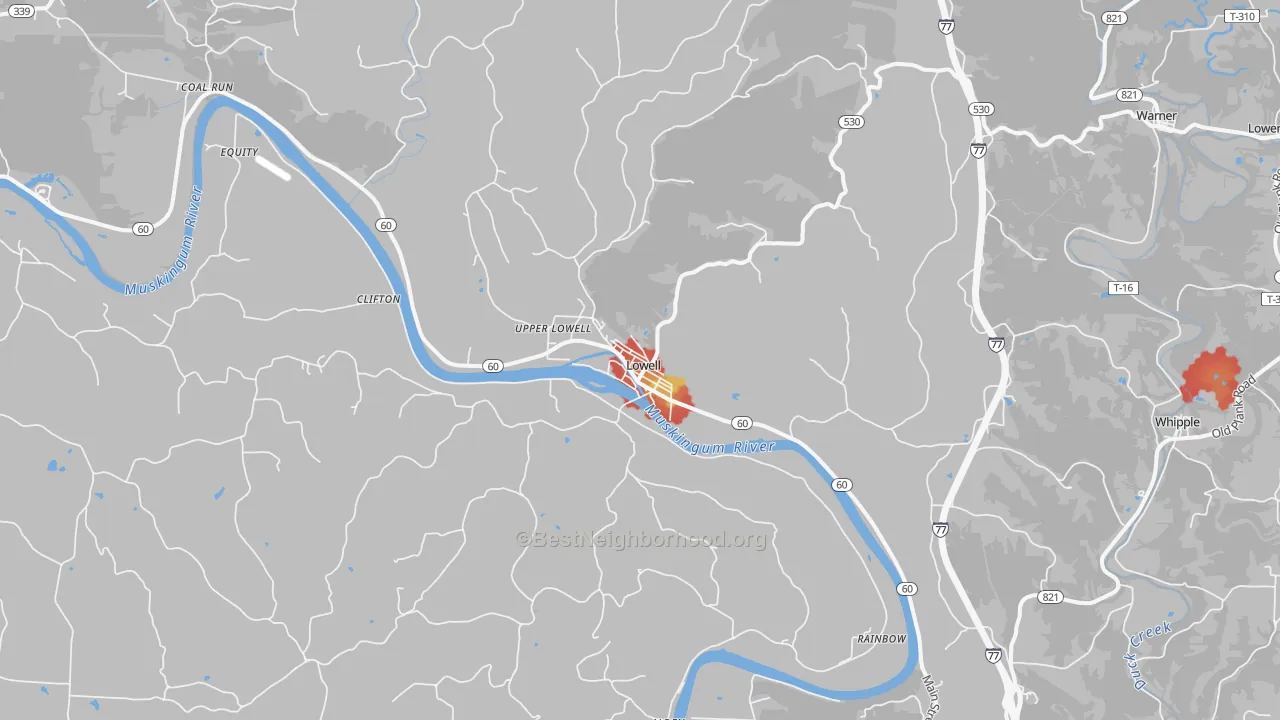 Walk Grade map of Lowell, OH, walkable areas in green and car-dependent areas in red