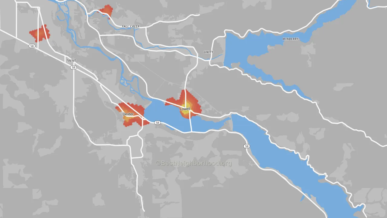 Walk Grade map of Lowell, OR, walkable areas in green and car-dependent areas in red