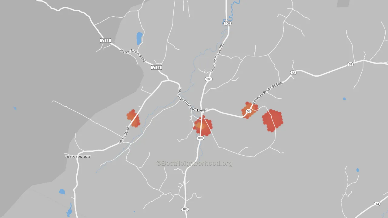 Walk Grade map of Lowell, VT, walkable areas in green and car-dependent areas in red