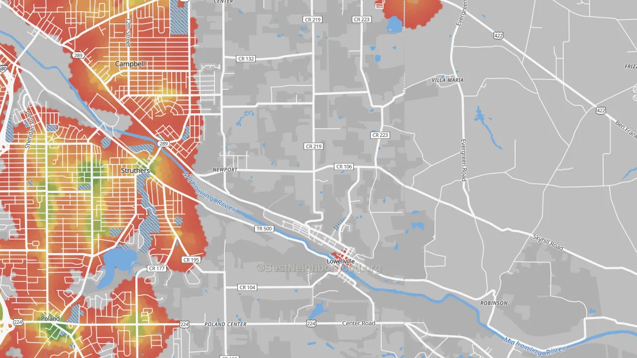 Walk Grade map of Lowellville, OH, walkable areas in green and car-dependent areas in red