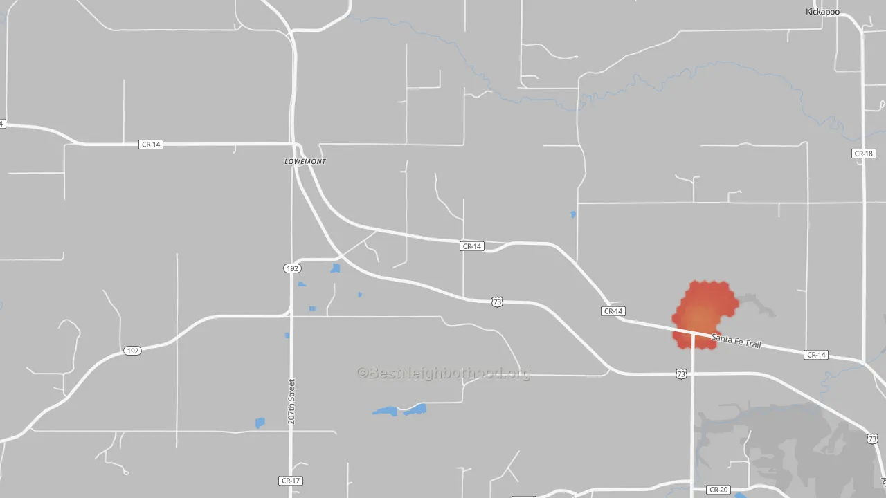 Walk Grade map of Lowemont, KS, walkable areas in green and car-dependent areas in red