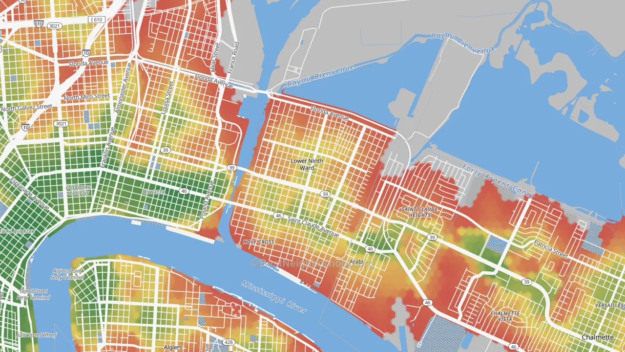 Walk Grade map of Lower 9th Ward, New Orleans, LA, walkable areas in green and car-dependent areas in red
