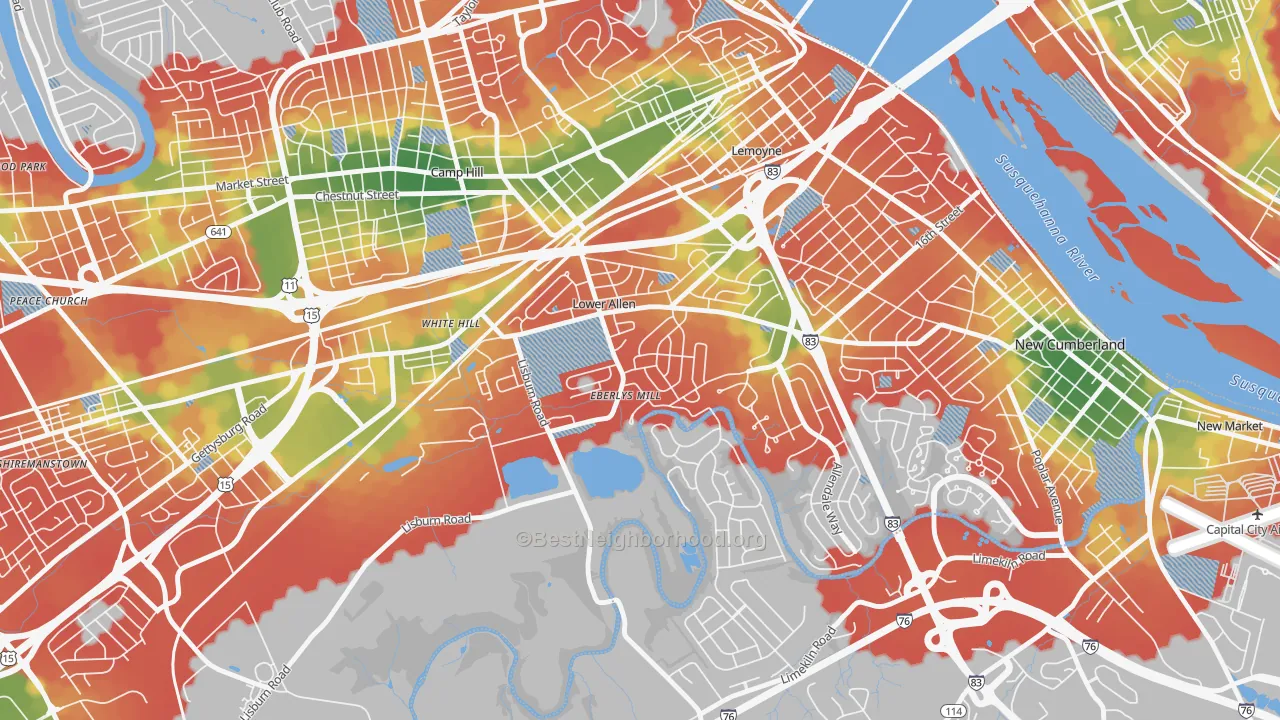 Walk Grade map of Lower Allen, PA, walkable areas in green and car-dependent areas in red