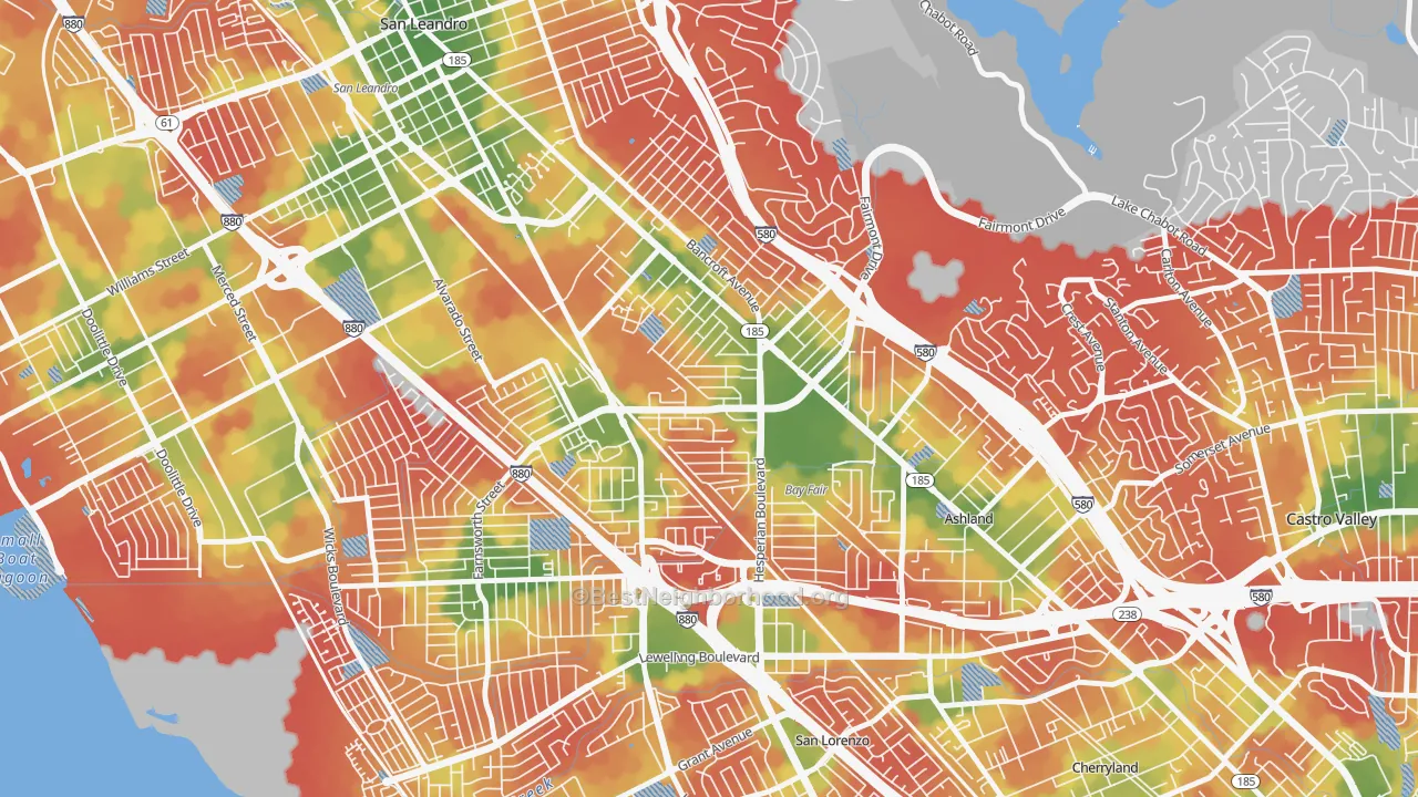 Walk Grade map of Lower Bal, San Leandro, CA, walkable areas in green and car-dependent areas in red