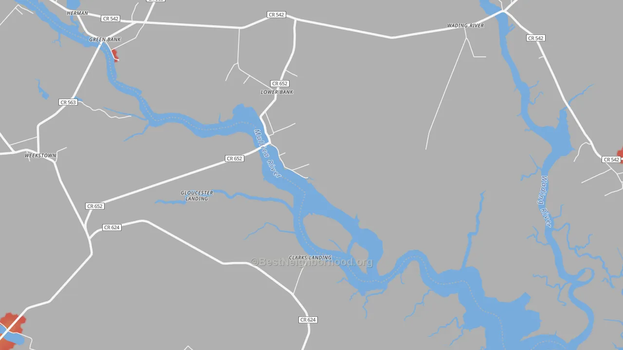 Walk Grade map of Lower Bank, NJ, walkable areas in green and car-dependent areas in red