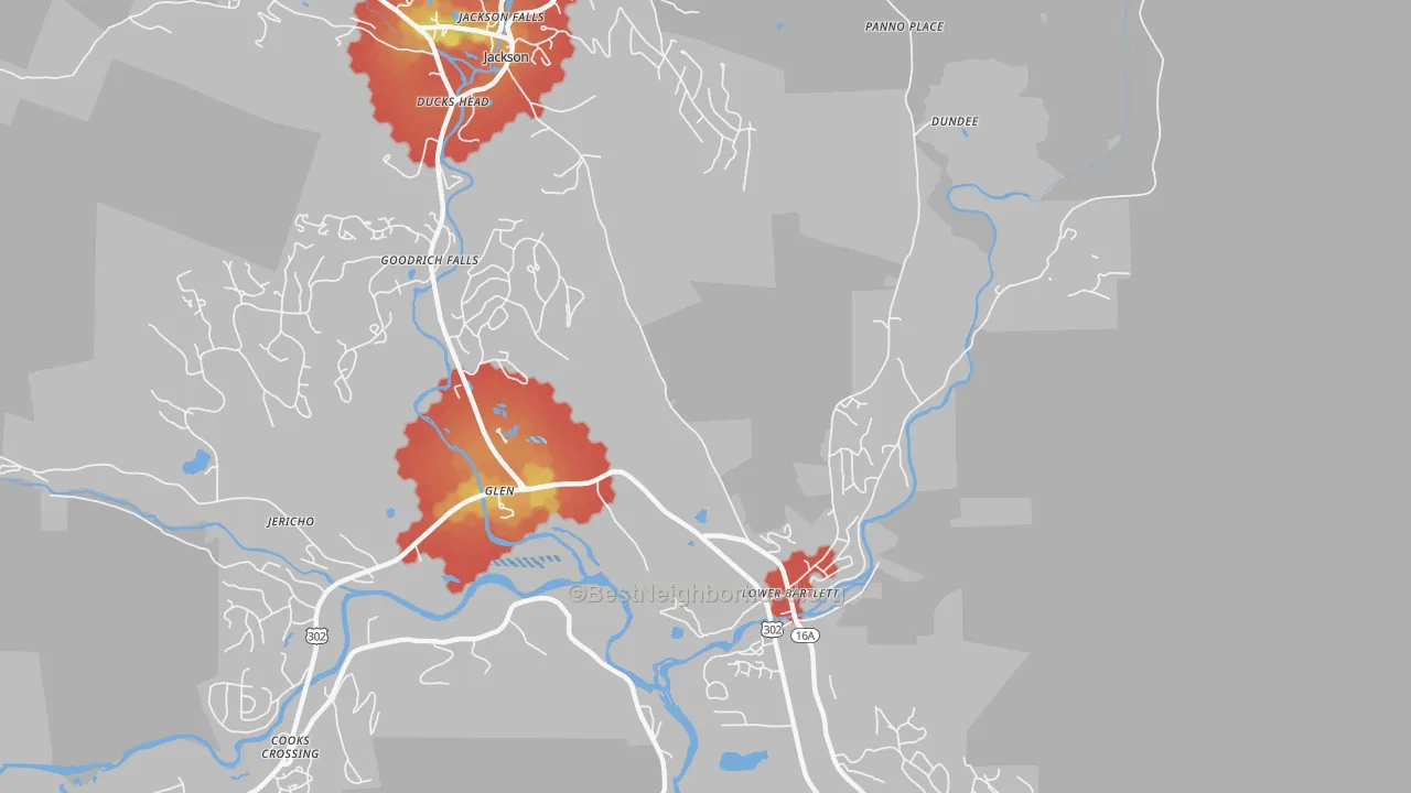 Walk Grade map of Lower Bartlett, NH, walkable areas in green and car-dependent areas in red