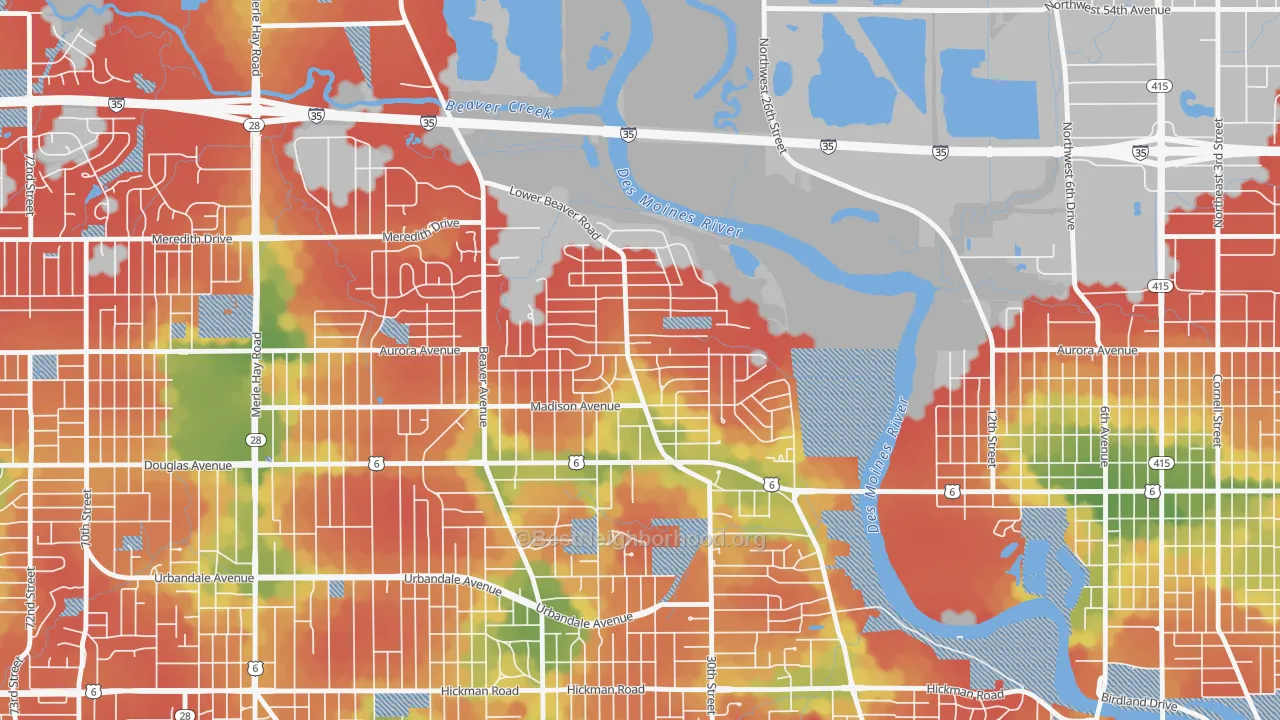 Walk Grade map of Lower Beaver, Des Moines, IA, walkable areas in green and car-dependent areas in red