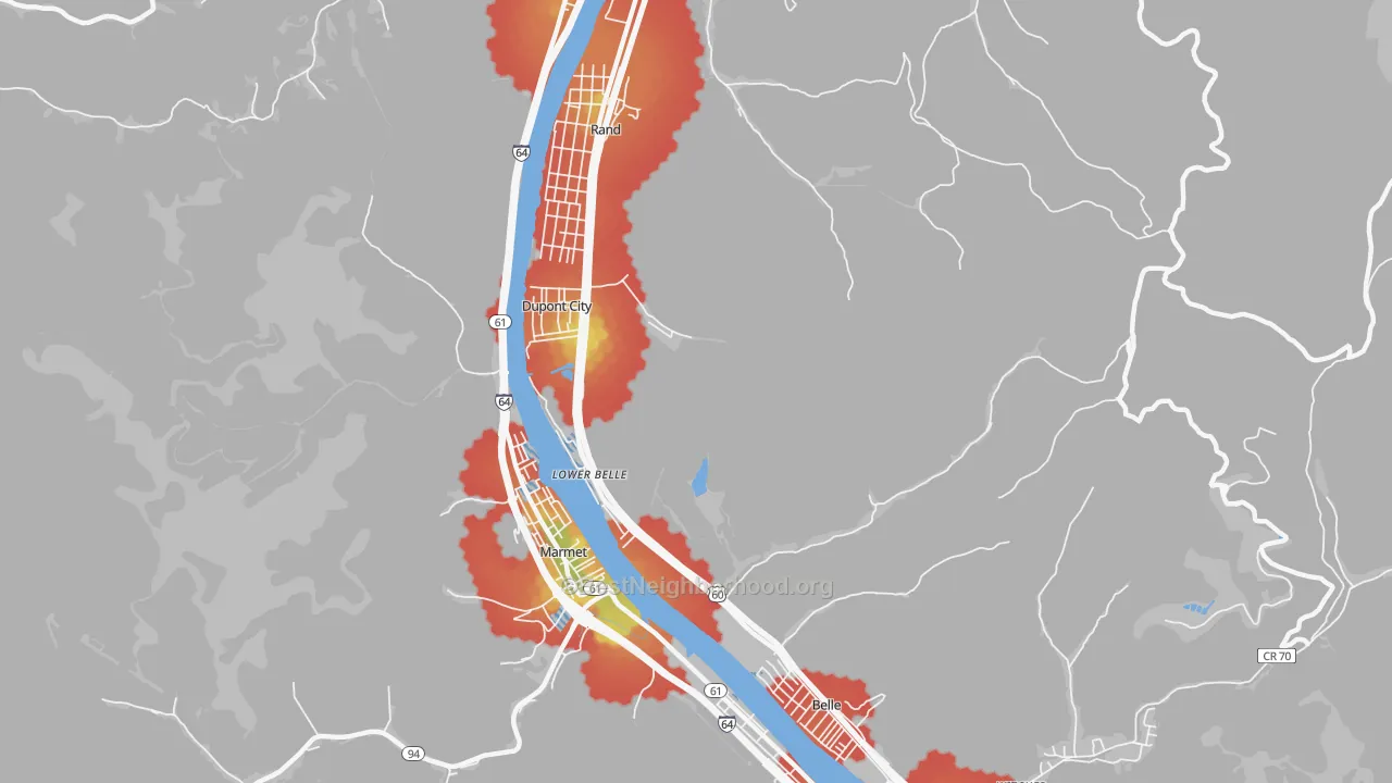 Walk Grade map of Lower Belle, WV, walkable areas in green and car-dependent areas in red
