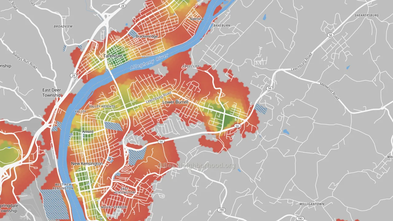Walk Grade map of Lower Burrell, PA, walkable areas in green and car-dependent areas in red