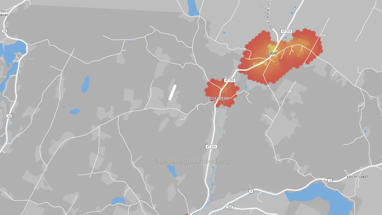 Walk Grade map of Lower Cabot, VT, walkable areas in green and car-dependent areas in red