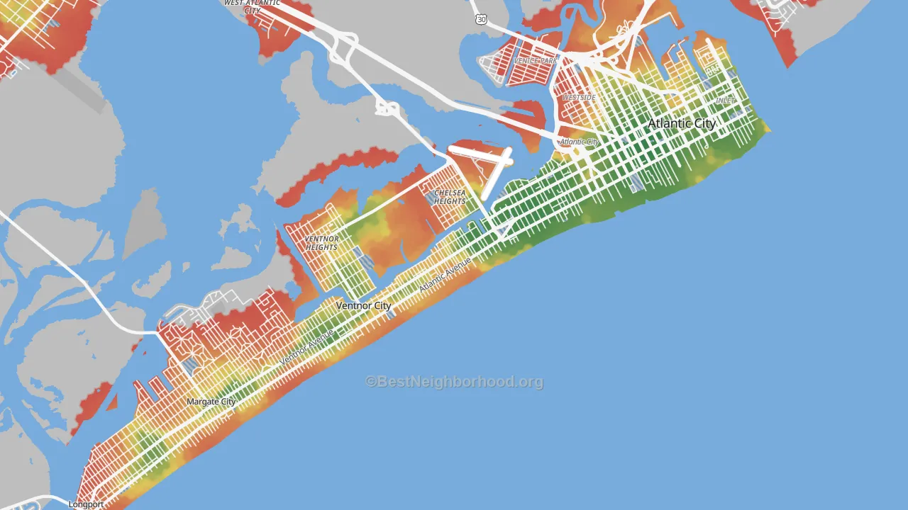 Walk Grade map of Lower Chelsea, Atlantic City, NJ, walkable areas in green and car-dependent areas in red