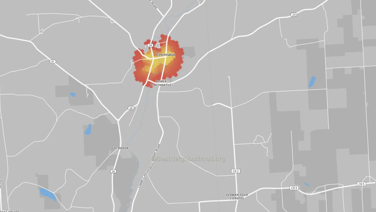 Walk Grade map of Lower Cincinnatus, NY, walkable areas in green and car-dependent areas in red
