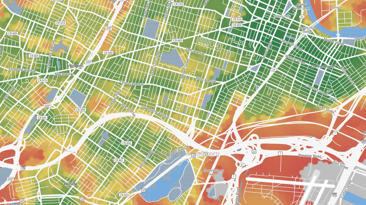 Walk Grade map of Lower Clinton Hill, Newark, NJ, walkable areas in green and car-dependent areas in red
