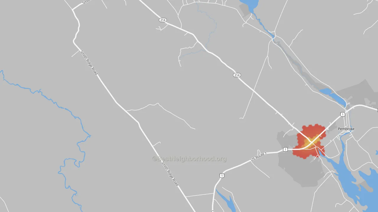 Walk Grade map of Lower Dennysville, ME, walkable areas in green and car-dependent areas in red
