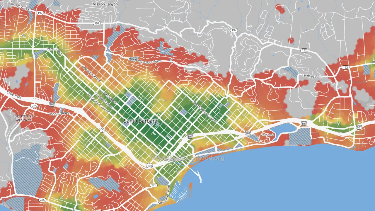 Walk Grade map of Lower East, Santa Barbara, CA, walkable areas in green and car-dependent areas in red