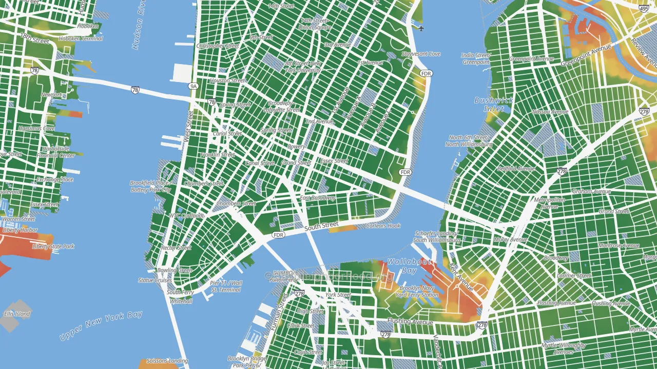 Walk Grade map of Lower East Side, Manhattan, NY, walkable areas in green and car-dependent areas in red