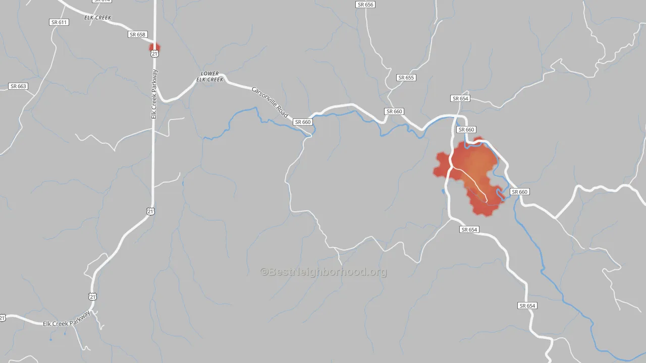 Walk Grade map of Lower Elk Creek, VA, walkable areas in green and car-dependent areas in red