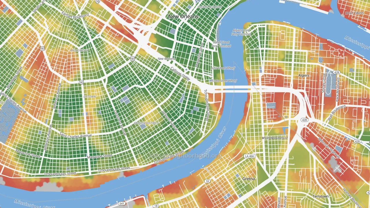 Walk Grade map of Lower Garden District, New Orleans, LA, walkable areas in green and car-dependent areas in red