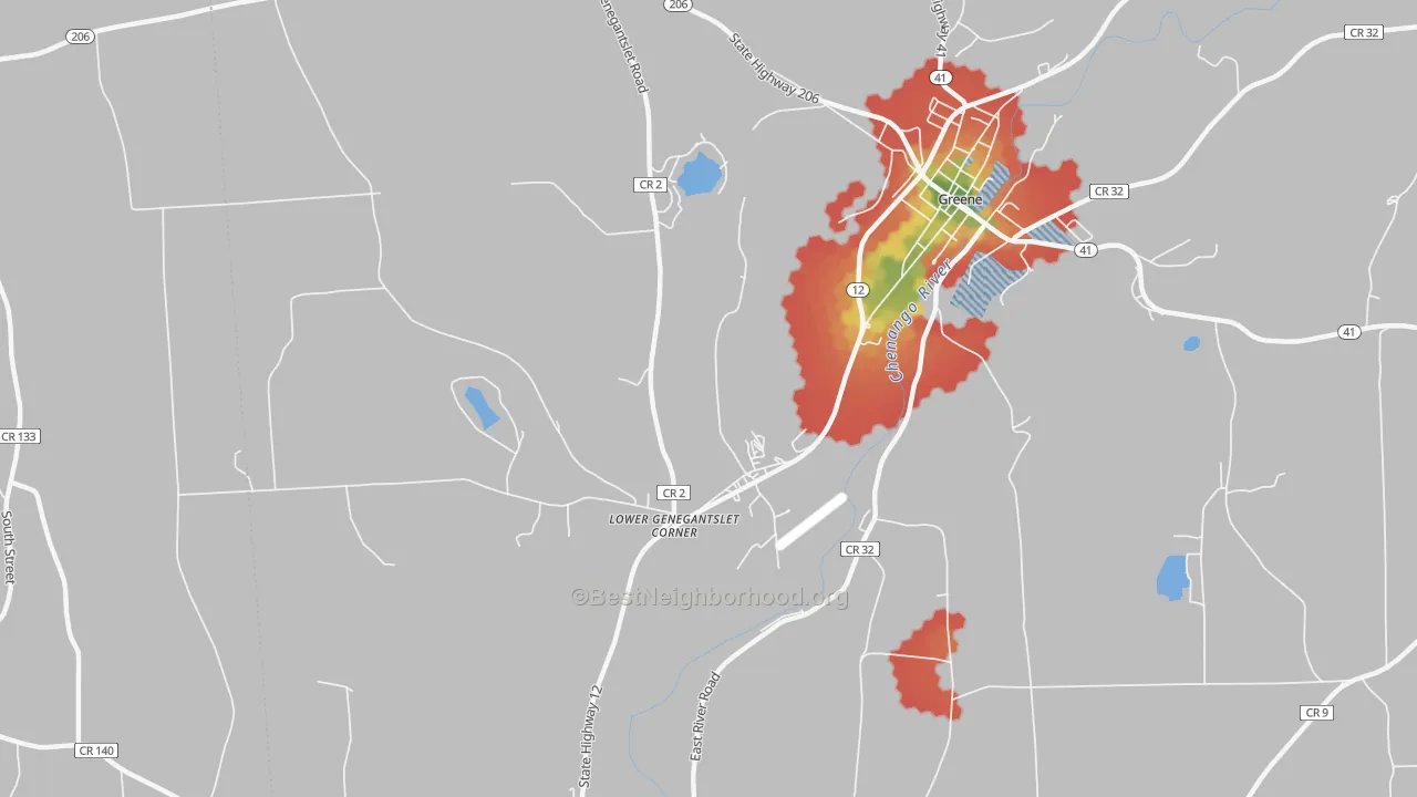 Walk Grade map of Lower Genegantslet Corner, NY, walkable areas in green and car-dependent areas in red