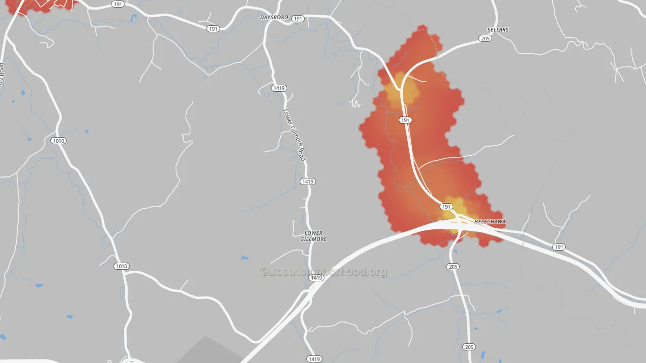 Walk Grade map of Lower Gillmore, KY, walkable areas in green and car-dependent areas in red