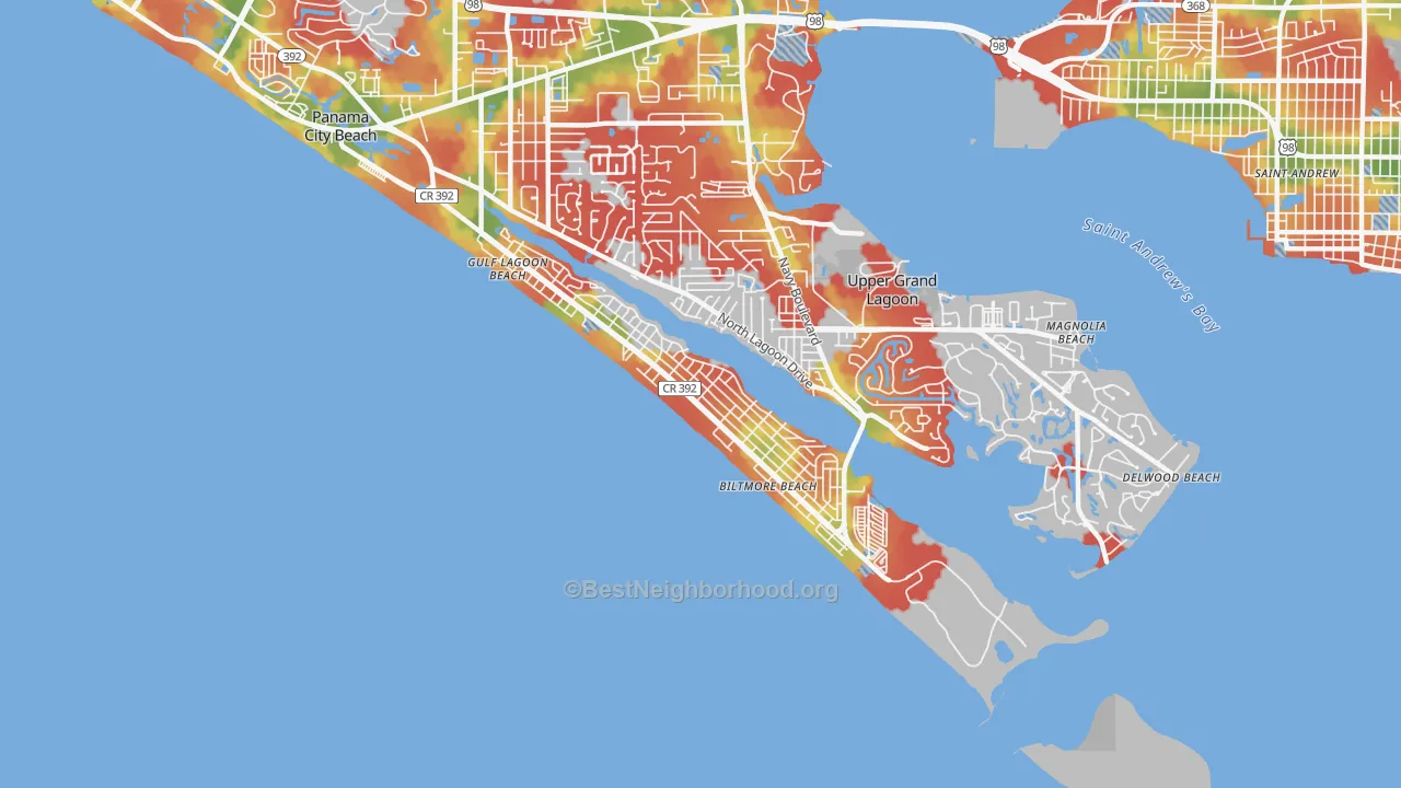 Walk Grade map of Lower Grand Lagoon, FL, walkable areas in green and car-dependent areas in red