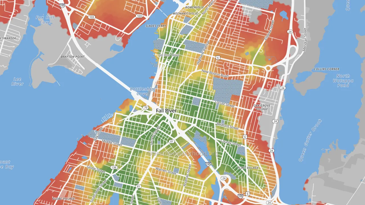 Walk Grade map of Lower Highlands, Fall River, MA, walkable areas in green and car-dependent areas in red