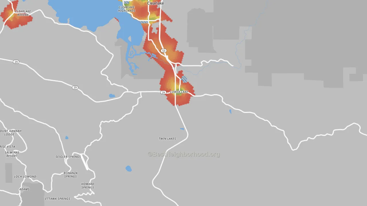 Walk Grade map of Lower Lake, CA, walkable areas in green and car-dependent areas in red