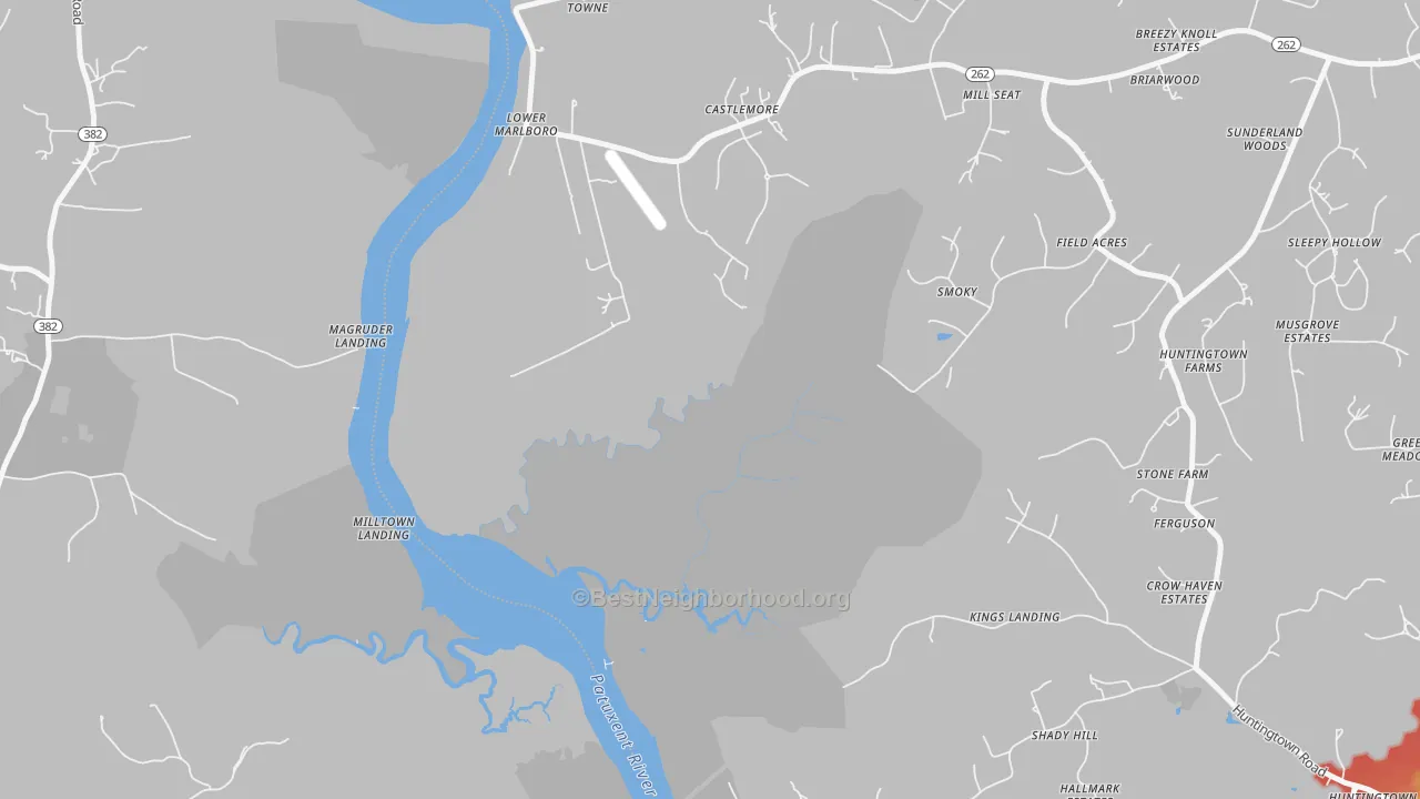 Walk Grade map of Lower Marlboro, MD, walkable areas in green and car-dependent areas in red