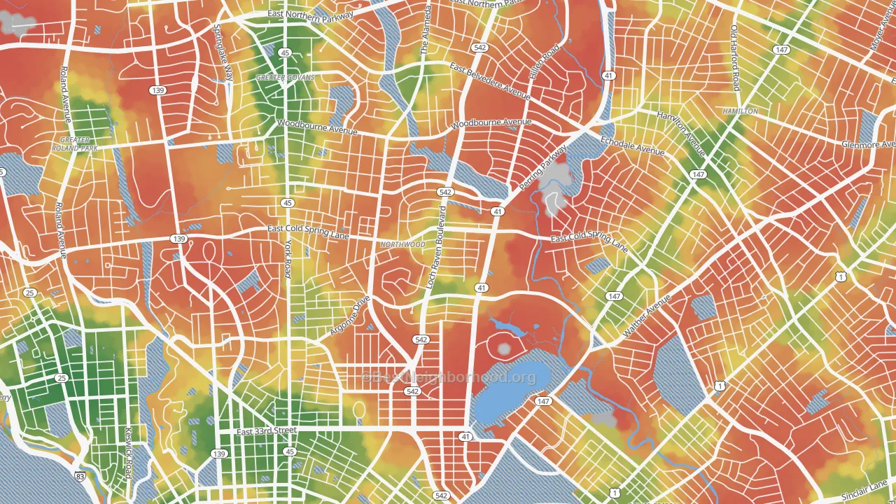 Walk Grade map of Lower Northwood, Baltimore, MD, walkable areas in green and car-dependent areas in red