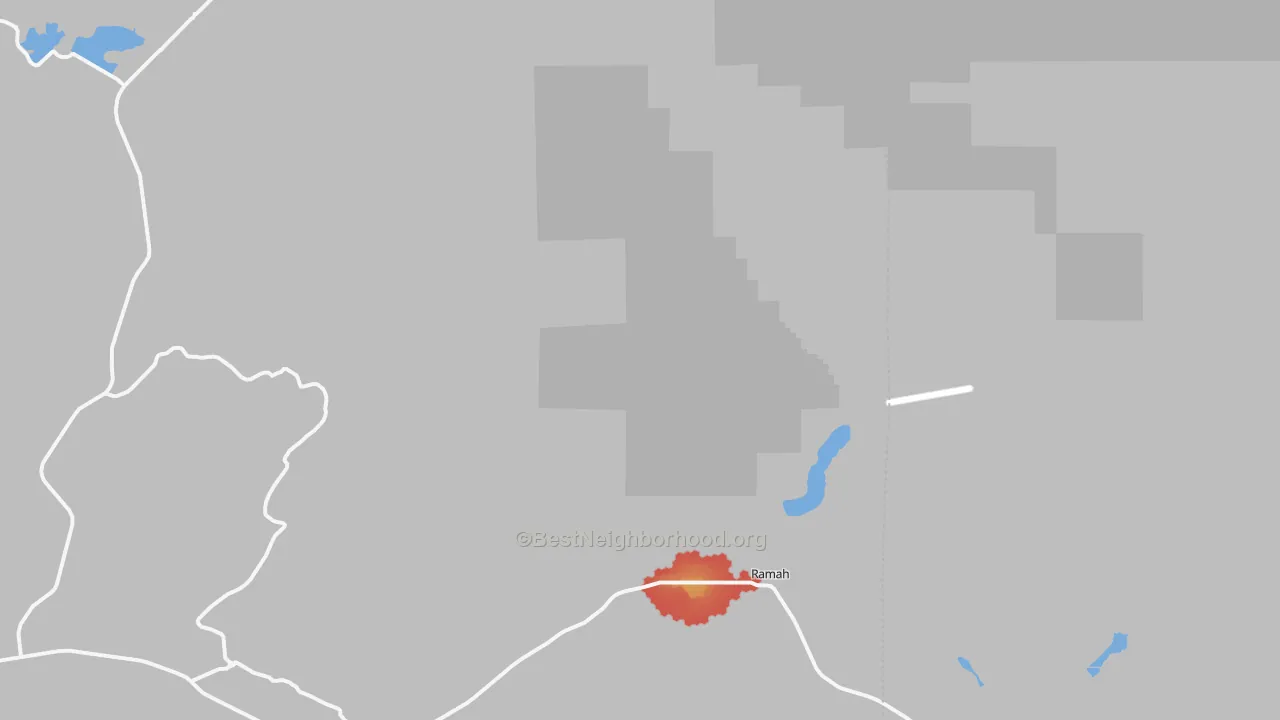 Walk Grade map of Lower Nutria, NM, walkable areas in green and car-dependent areas in red