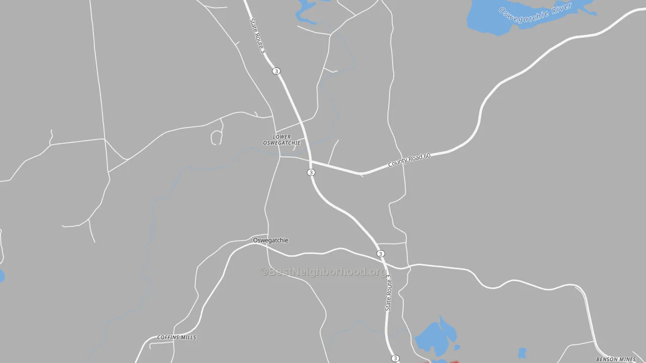 Walk Grade map of Lower Oswegatchie, NY, walkable areas in green and car-dependent areas in red