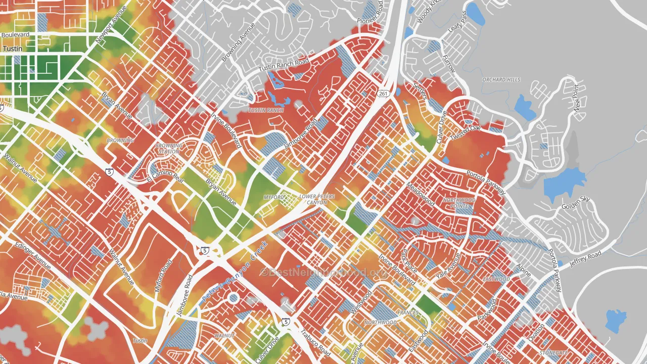 Walk Grade map of Lower Peters Canyon, Irvine, CA, walkable areas in green and car-dependent areas in red