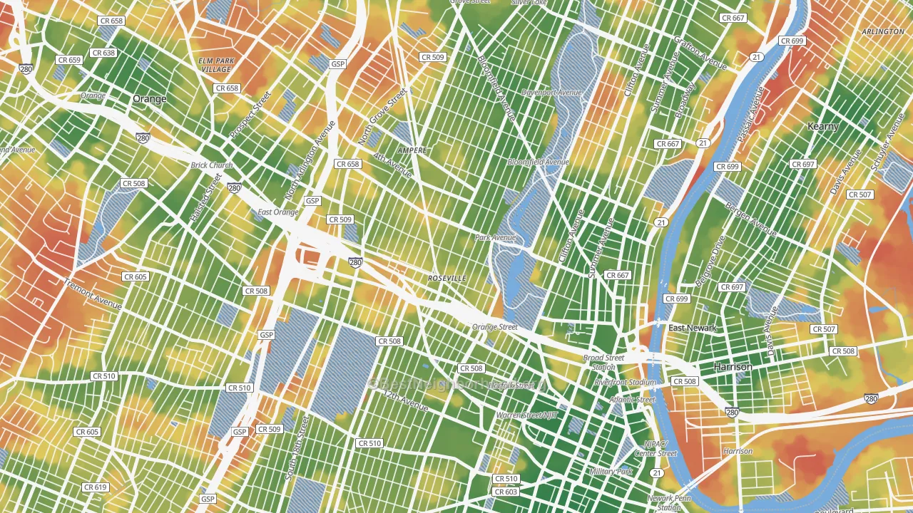 Walk Grade map of Lower Roseville, Newark, NJ, walkable areas in green and car-dependent areas in red