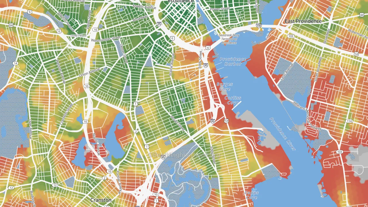 Walk Grade map of Lower South Providence, Providence, RI, walkable areas in green and car-dependent areas in red