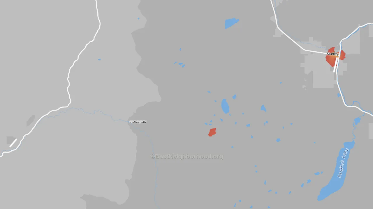 Walk Grade map of Lower Stanley, ID, walkable areas in green and car-dependent areas in red