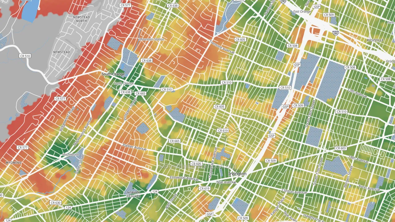 Walk Grade map of Lower Vailsburg, Newark, NJ, walkable areas in green and car-dependent areas in red