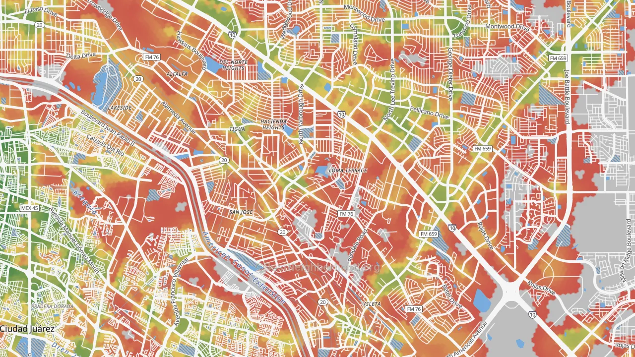 Walk Grade map of Lower Valley, El Paso, TX, walkable areas in green and car-dependent areas in red