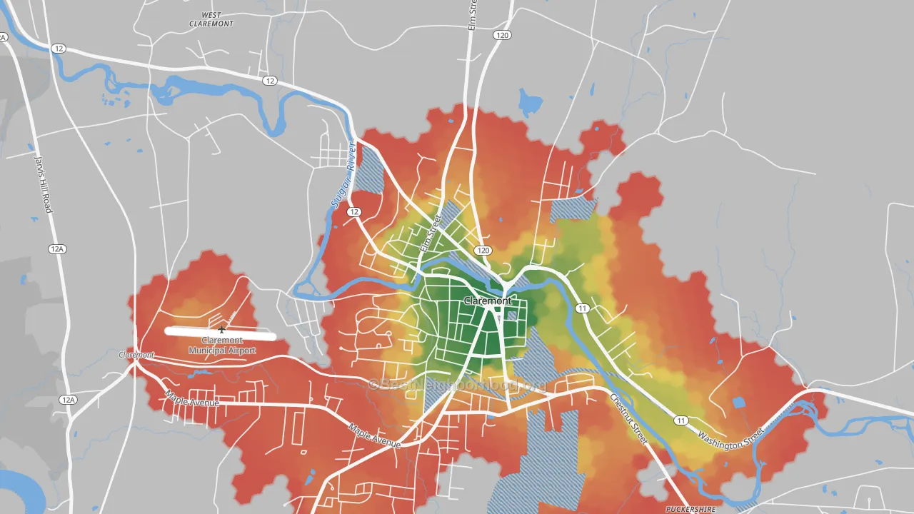 Walk Grade map of Lower Village District, Claremont, NH, walkable areas in green and car-dependent areas in red